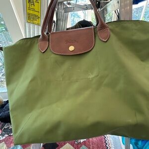 Longchamp Olive Green Tote with Brown Leather Trim